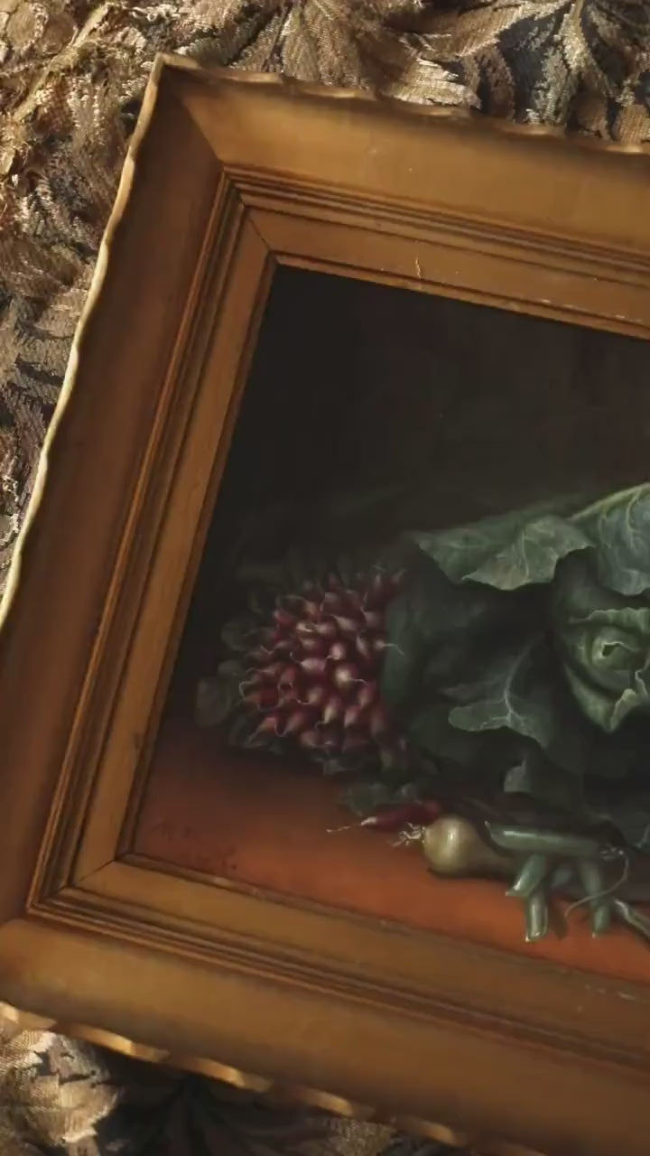 Antique French Rustic Still Life – Market Vegetables, Oil on Canvas, Framed