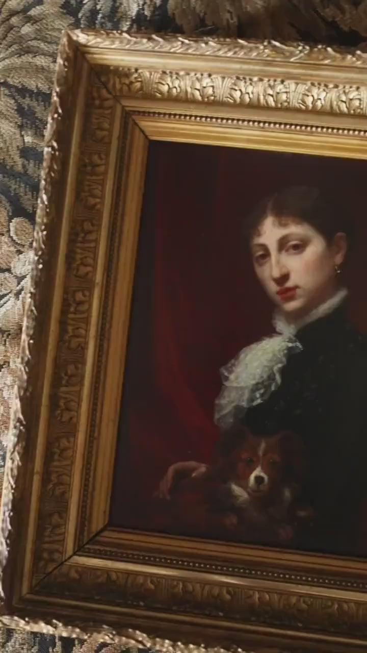 Antique Portrait of a Lady and Dog, 19th Century, Gold Frame