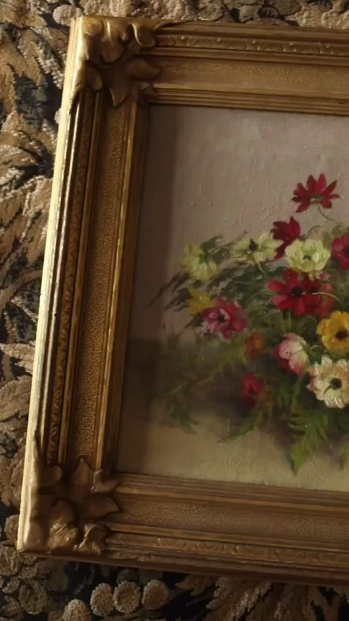 Antique Floral Oil Painting | Colorful Anemone Still Life, Framed