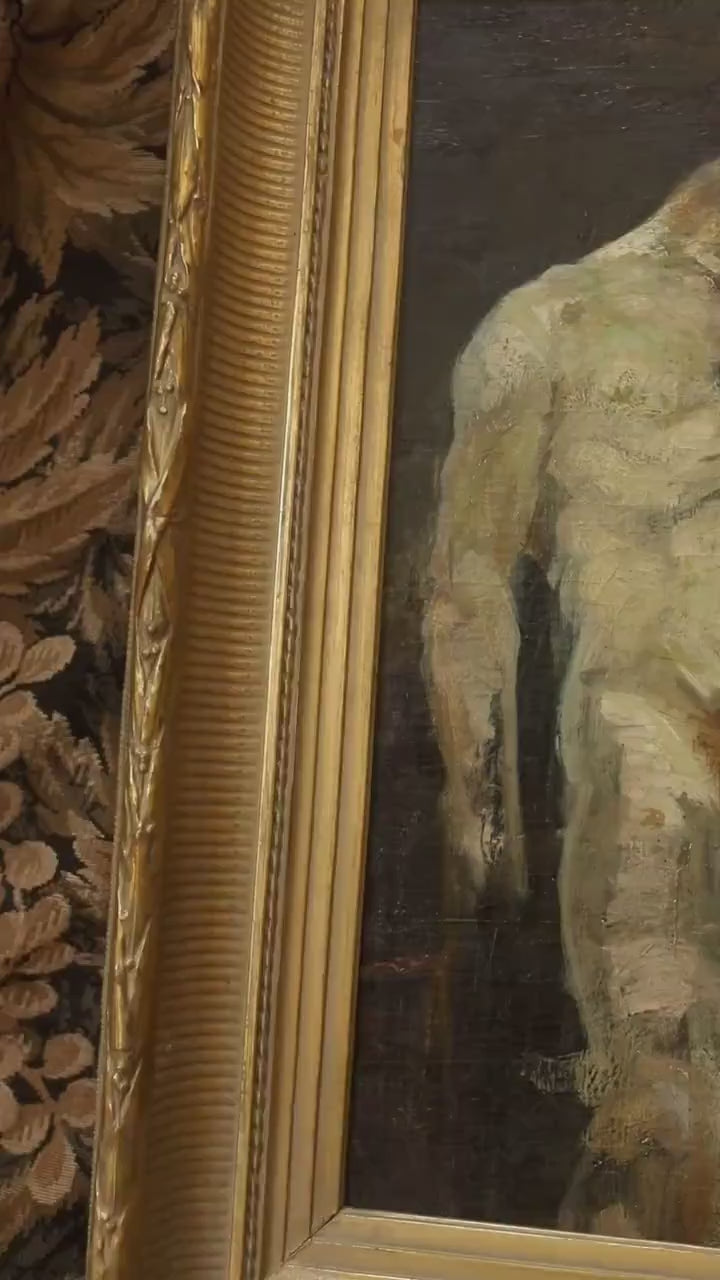 Antique Academic Figure Study Oil Painting | 19th Century Male Nude Study in Gilt Frame | Artist Atelier Portrait