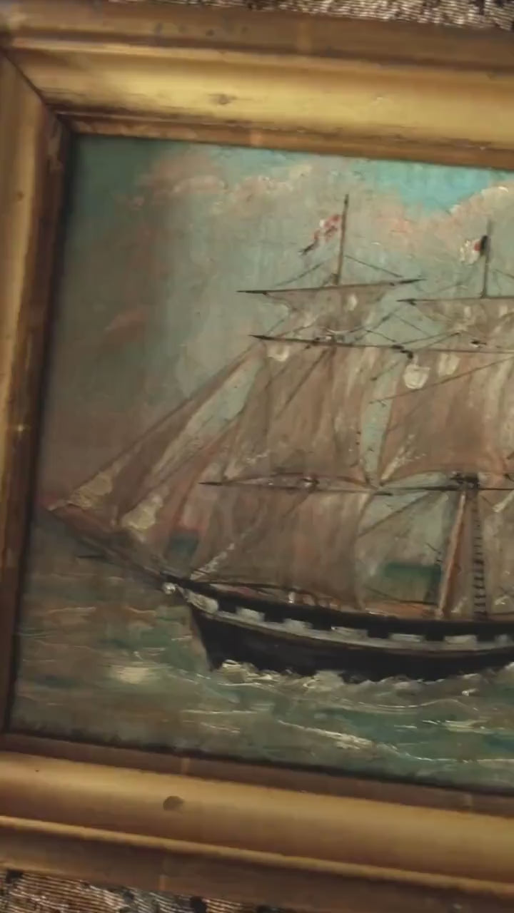 Antique Maritime Oil Painting | Fleet of Tall Ships Under Sail | European Nautical Seascape, Gold Framed
