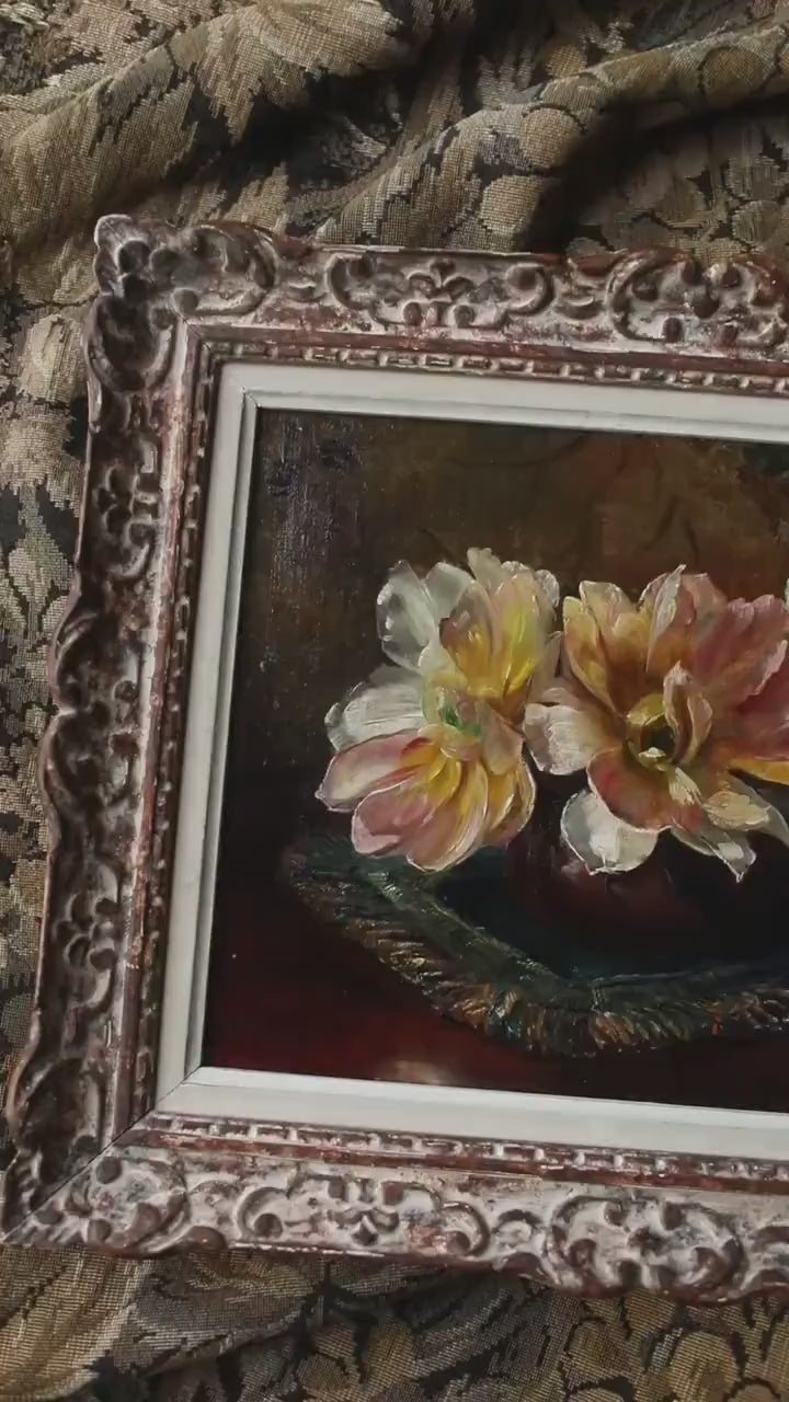 Antique Floral Oil Painting – Romantic Peony Bouquet, Framed