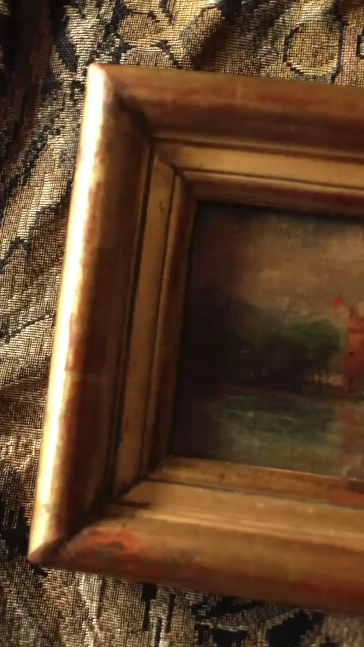 Antique Castle Landscape Small Oil Painting, 19th Century, Gold Frame