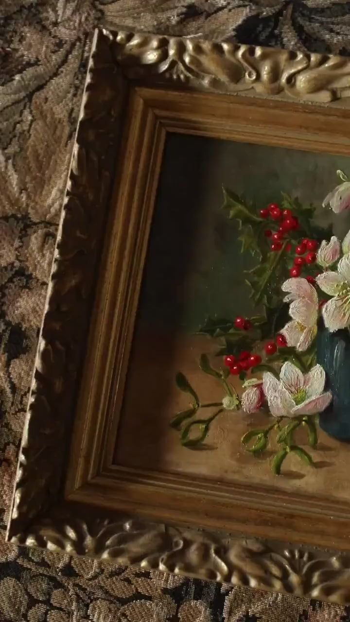 Vintage Mistletoe Floral Christmas Bouquet Oil Painting, Signed in Gold Frame