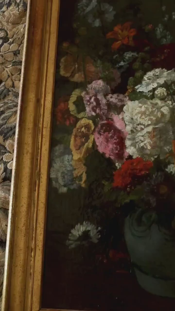 Antique Moody Floral Still Life Oil Painting, Large, Gold Framed