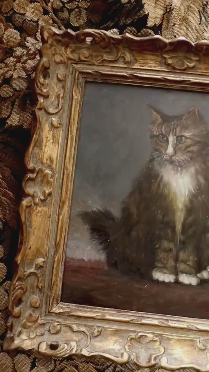 Antique Cat Oil Painting Framed, 1930s Tabby Kitten Portrait in Gold Frame