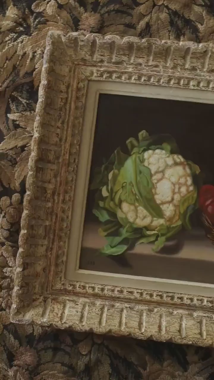 Antique French Rustic Still Life, Vegetables, Oil on Canvas, Framed