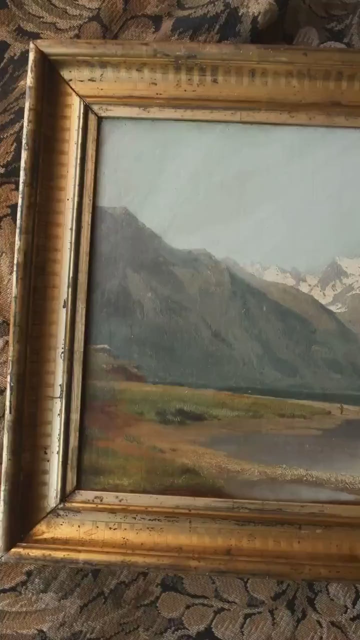 Antique Mountain Oil Painting – 19th Century Swiss Mountain Serene Landscape, Gold Framed