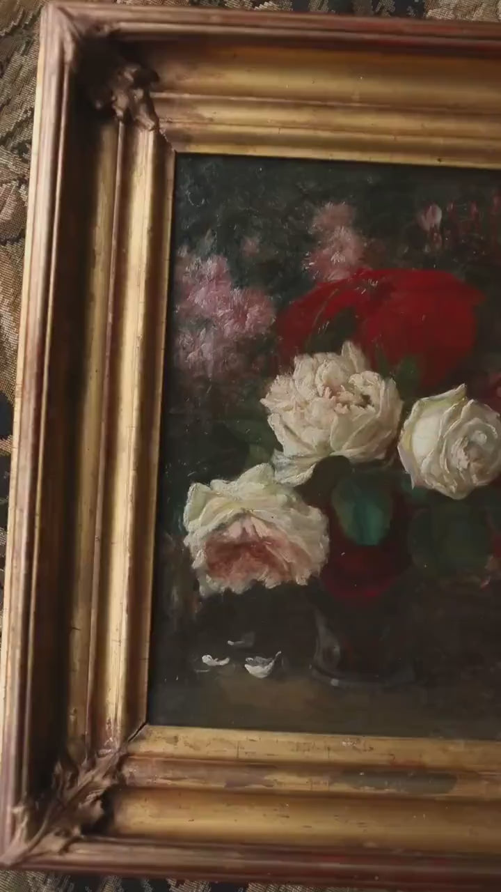 Antique French Floral Still Life – Peonies in Vase, 19th Century Oil Painting in Gold Frame