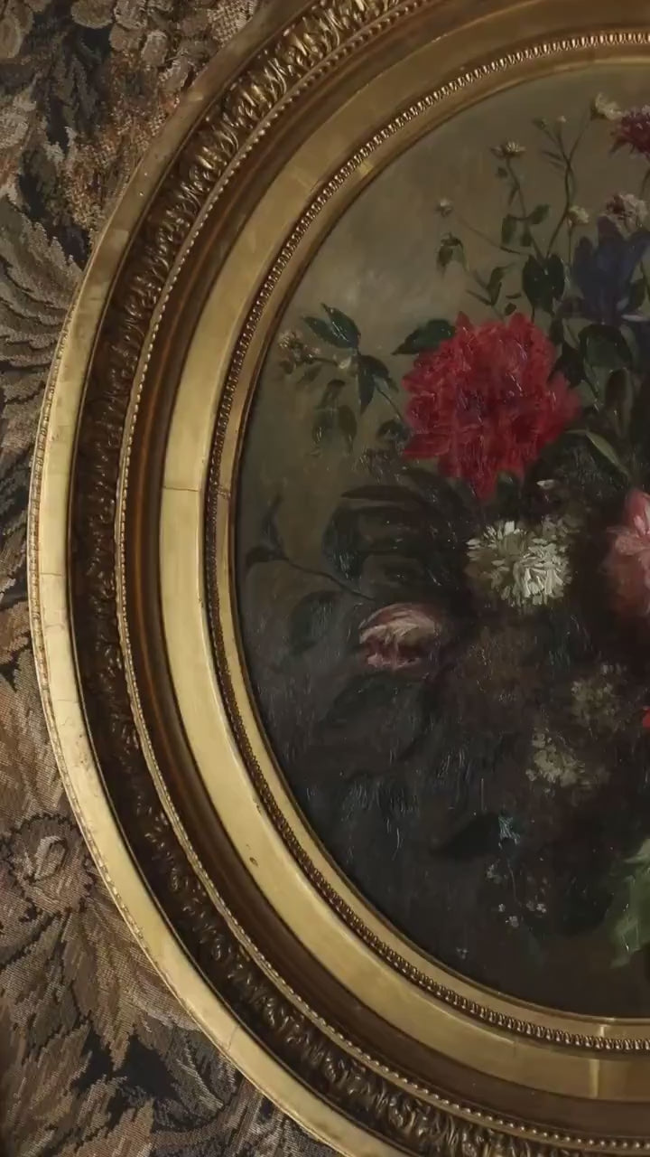 Dated 1864 - Antique Floral Oil Painting | Oval Bouquet Flowers, Original Gilt Frame