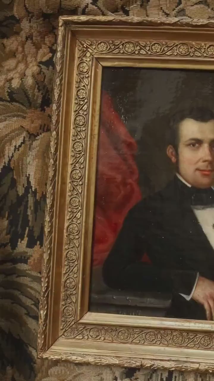 Antique French Oil Painting, Gentleman Portrait, 19th Century in Gold Frame