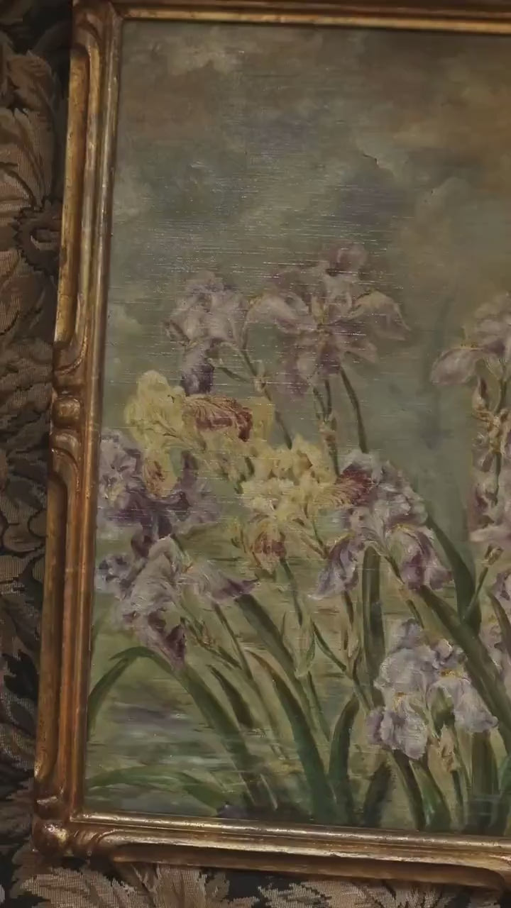 Antique Iris Oil Painting, 1908 | Impressionist Garden Flowers in Original Frame | Floral Wall Art
