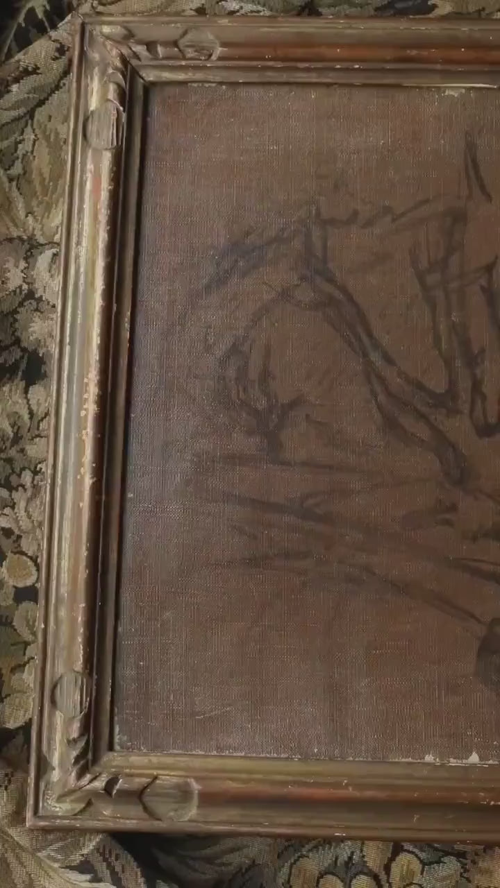 Antique French Sketch on Canvas – Landscape Study, Minimalist Wall Art