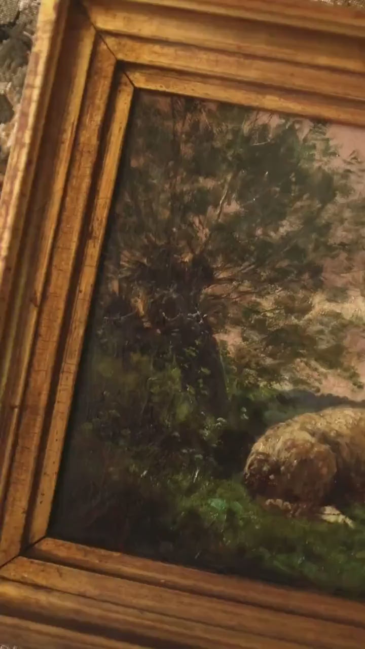 Antique Sheep Oil Painting – 19th Century Pastoral Landscape, Original and Gold Gilt Framed