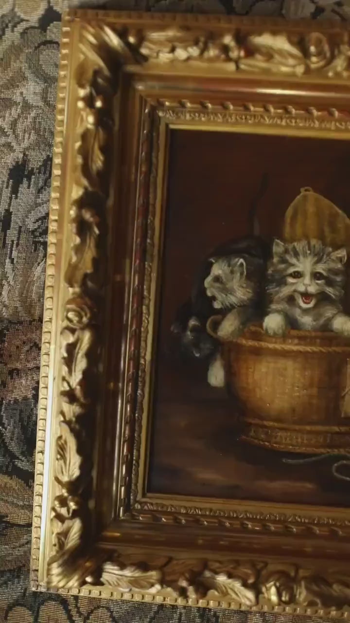 Antique European Oil Painting – Kittens in Basket, Charming Animal Scene in Gilt Frame