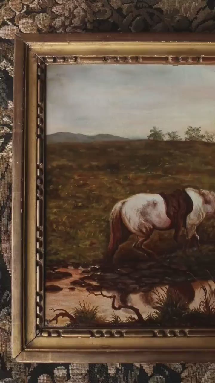 Antique Horse and Figure Oil Painting – Meadow Sunset Landscape, 19th Century Gold Frame