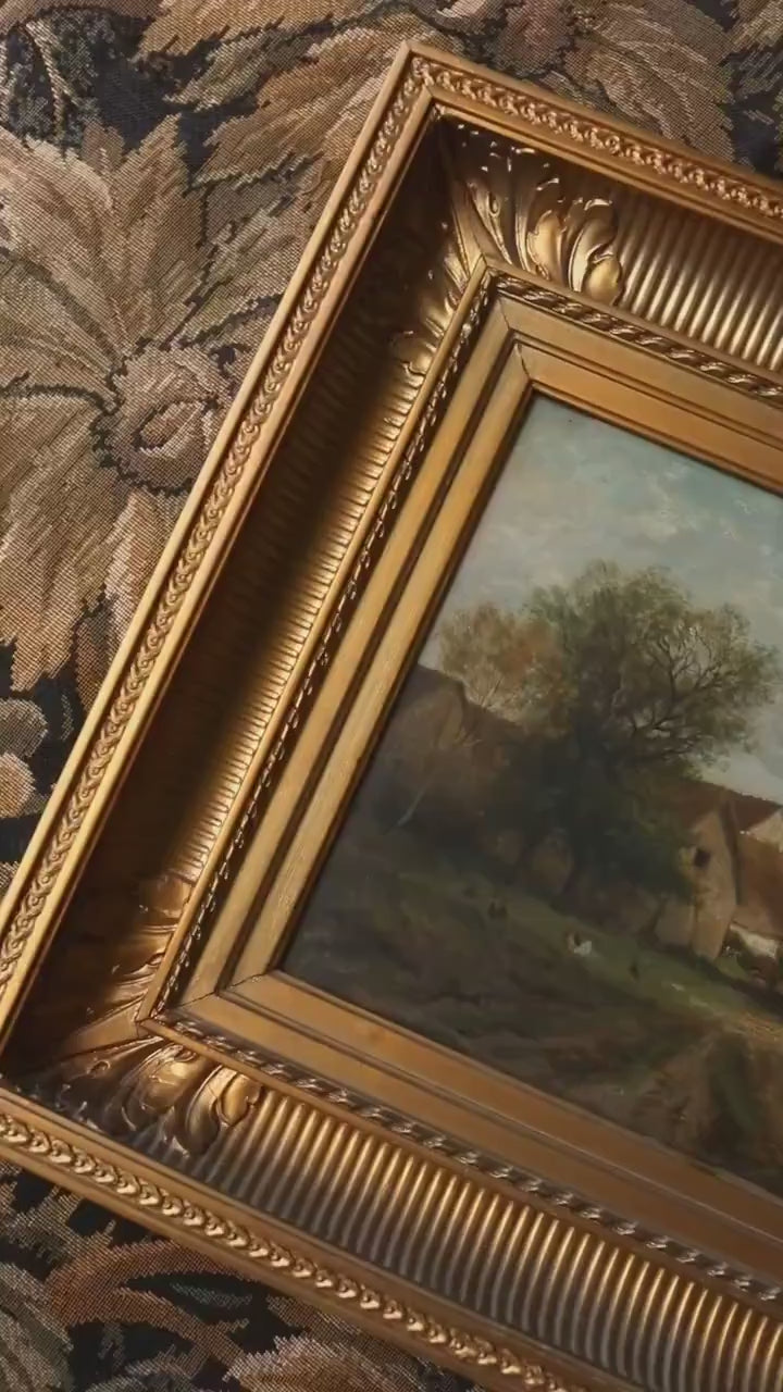 Antique French Farm Landscape Oil Painting – Pastoral Country Scene, 19th Century, Gold Framed