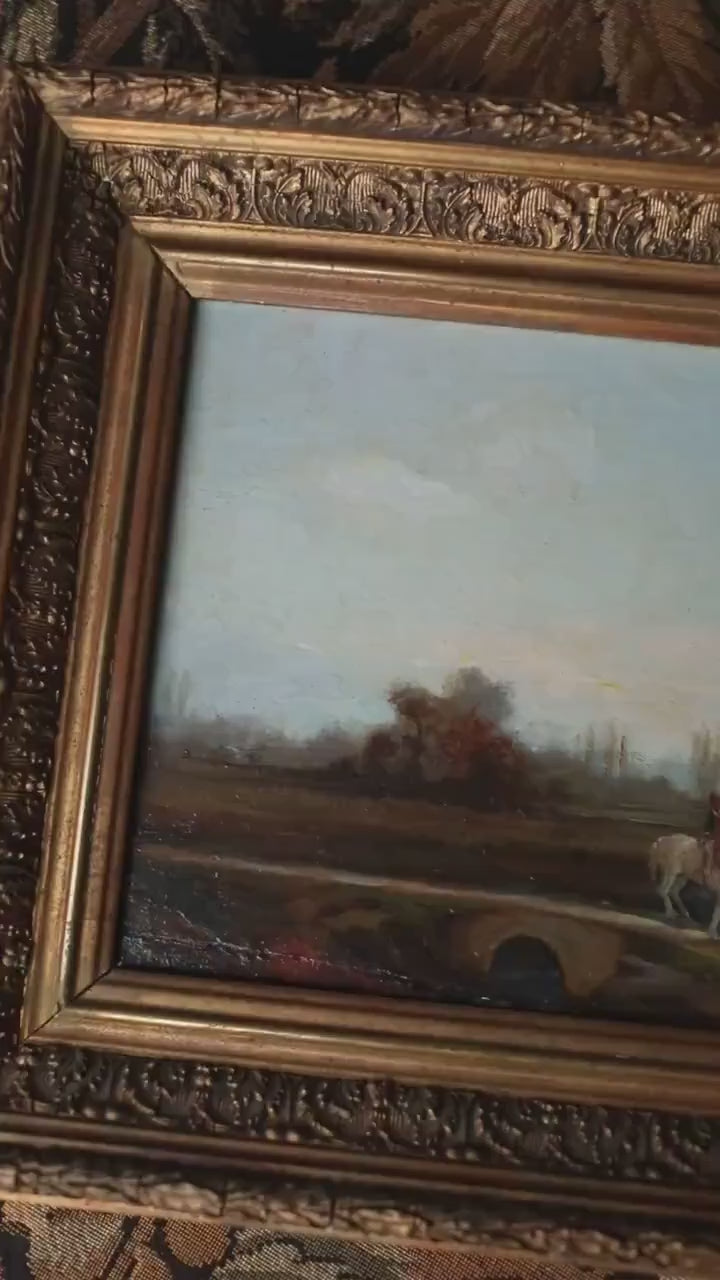 Antique Pastoral Landscape with Horse Oil Painting – 19th Century Equestrian Painting in Gold Framed