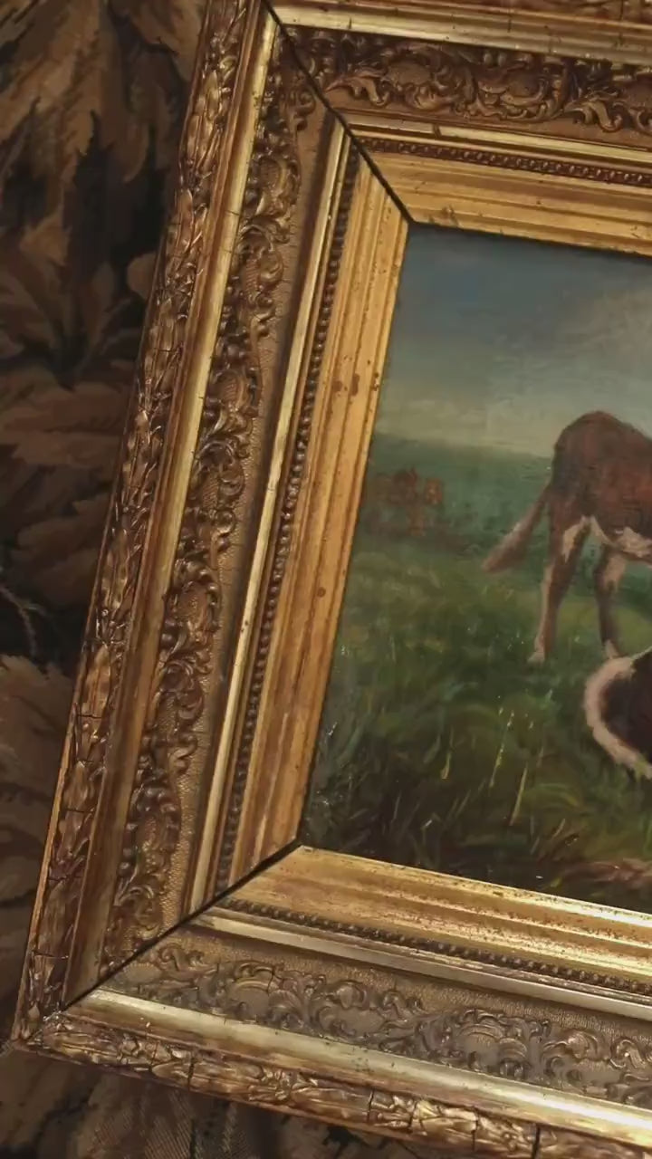 Antique Cow Oil Painting in Ornate Gold Frame | 19th Century Pastoral Farm Scene | European Country House Decor
