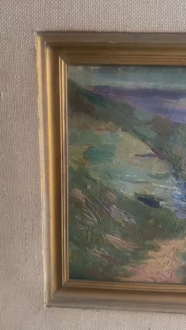 Vintage Post-Impressionist Landscape Oil Painting, Vintage Countryside Landscape, Colourful Sunset Original Oil Painting, in Gold Frame