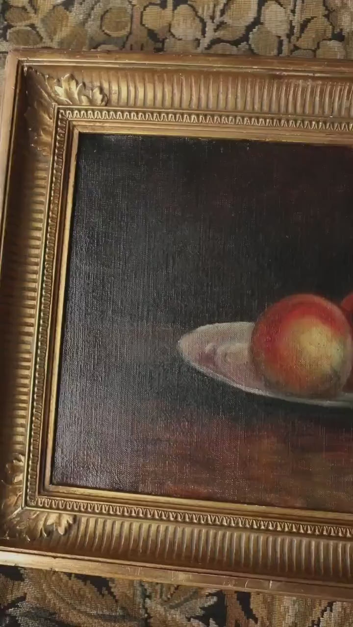 19th Century French Still Life Oil Painting, Peaches, Gold Framed