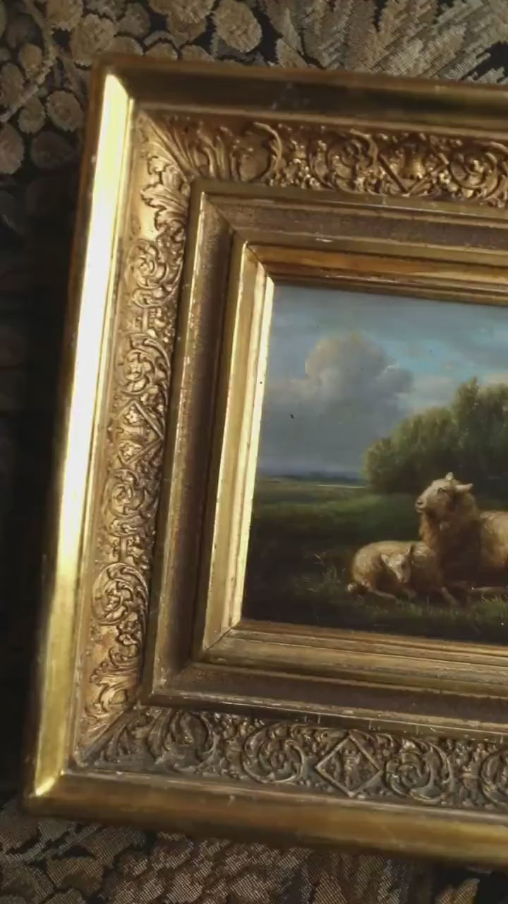 19th Century Belgian School Pastoral Painting. Sheep in Landscape. Oil on Panel in Gilt Frame