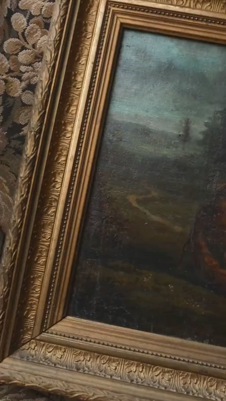 Antique Fox Hunting Oil Painting | Moody Fox at Rabbit Burrow | 19th Century European Art, Gold Framed