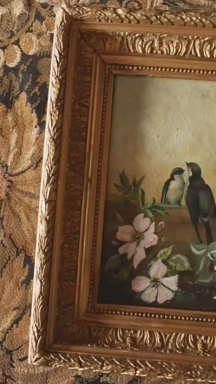 Antique Bird and Flowers Painting – 19th Century Swallow, Gold Framed