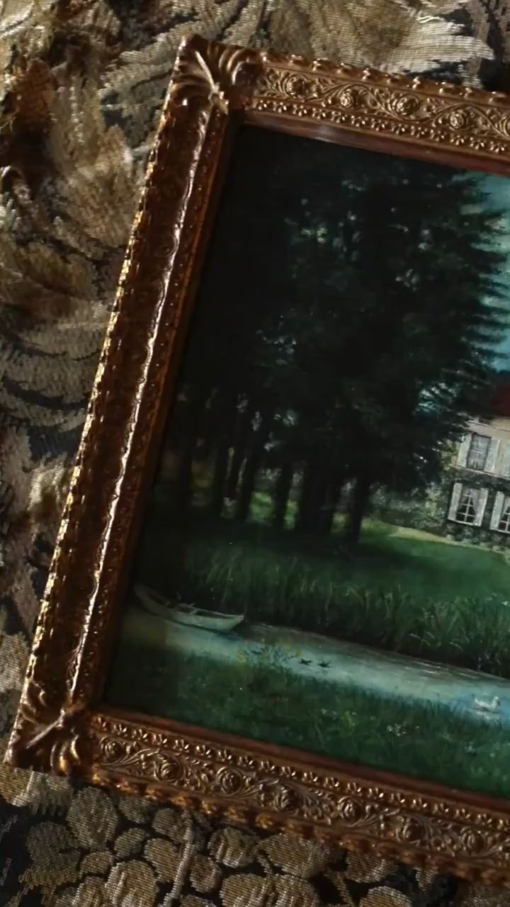 Antique Naive House on Water Oil Painting, Turn of the century, Gold Frame