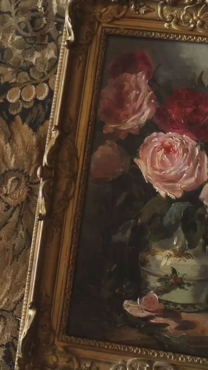 Antique French Oil Painting, Roses, Romantic Floral Art, Gold Frame