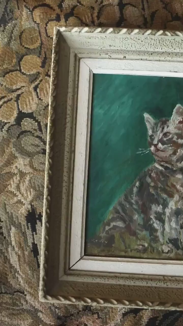 Early 1900s Small Cat Oil Painting – Original Vintage Tabby Kitten Portrait, Framed