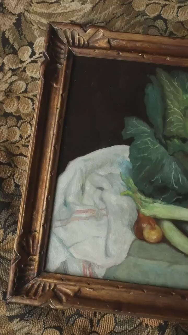 Antique French Rustic Still Life – Market Vegetables, Oil on Canvas, Framed