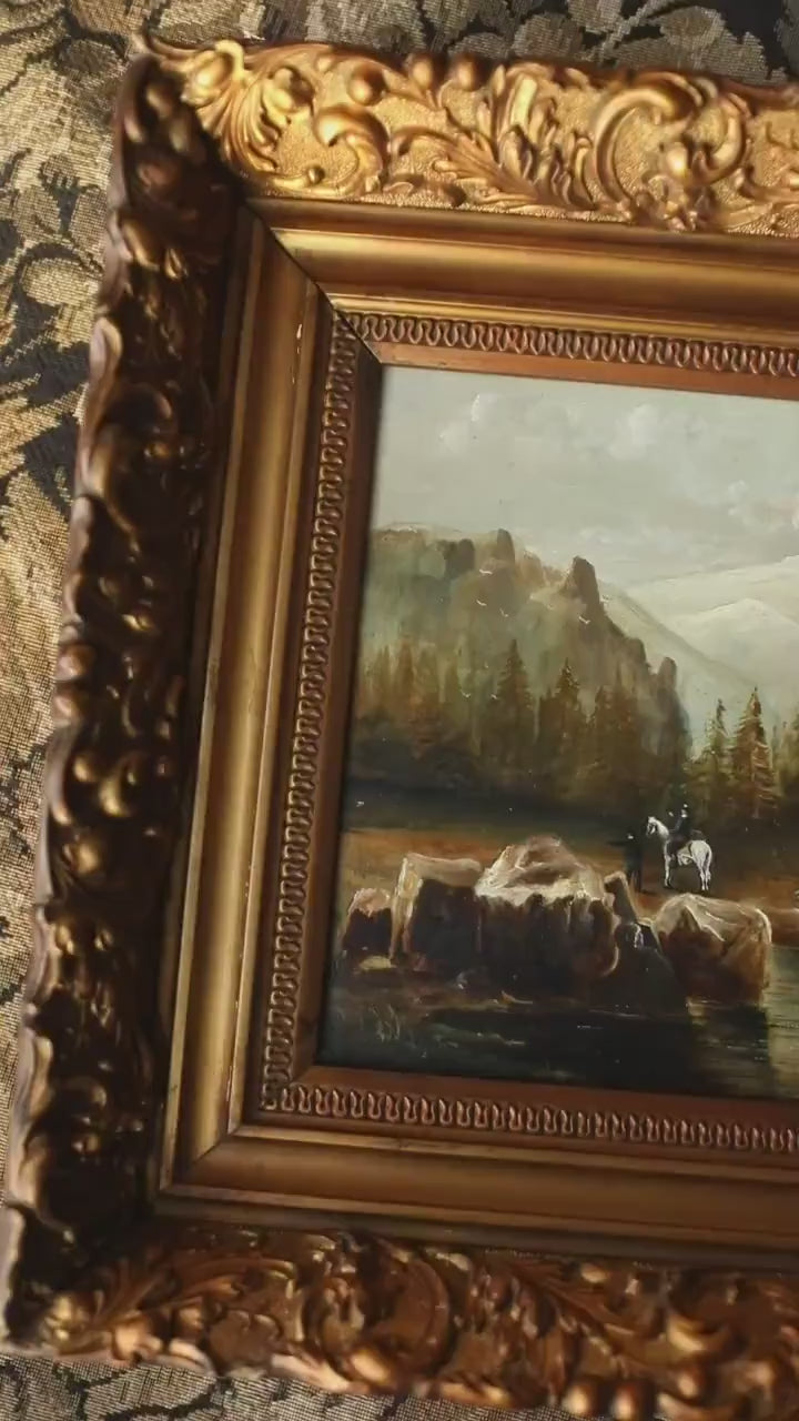 Antique European Alpine Landscape Oil Painting – Hunters, Dogs & Mountains, Gold Framed