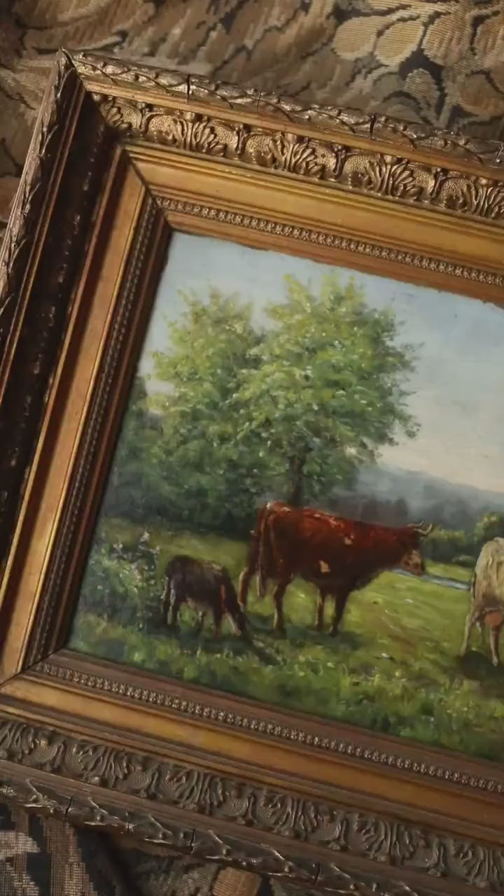 Antique French Pastoral Landscape in Normandy – Cows Grazing in a Meadow, 19th Century Oil Painting