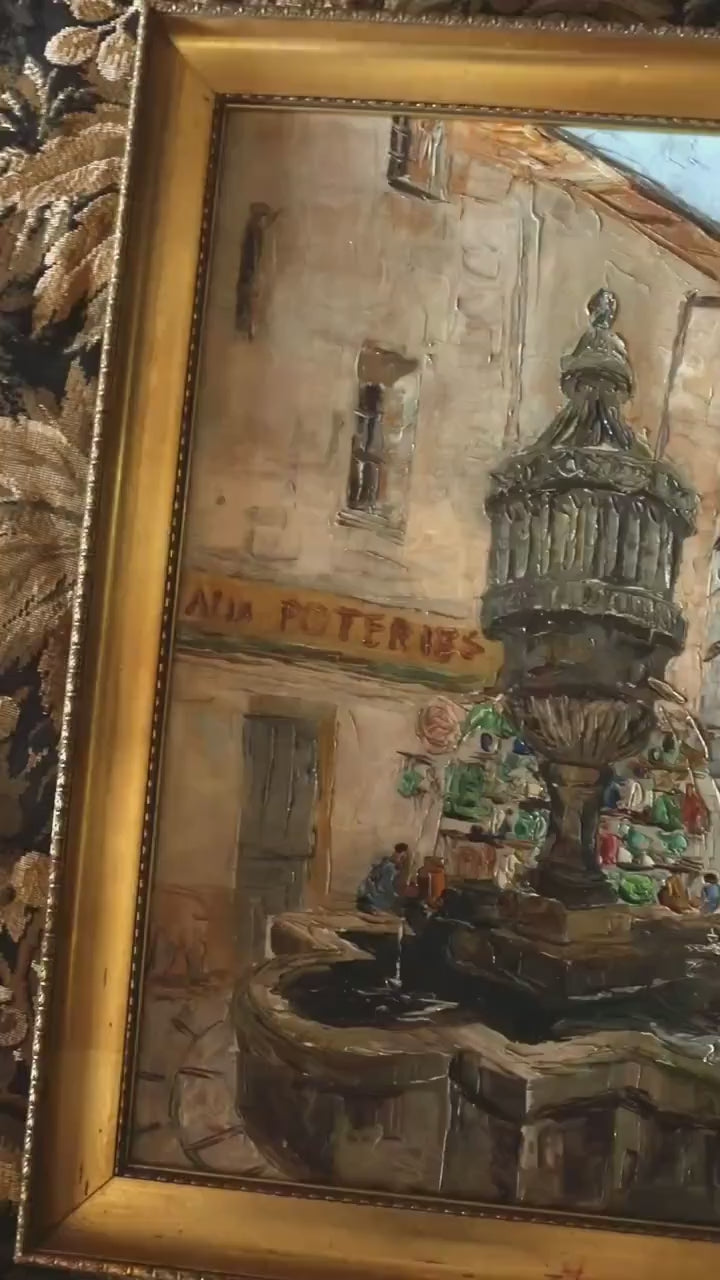Antique French Village Fountain Oil Painting | Provençal Market Square Scene | European Street Landscape, Gold Framed