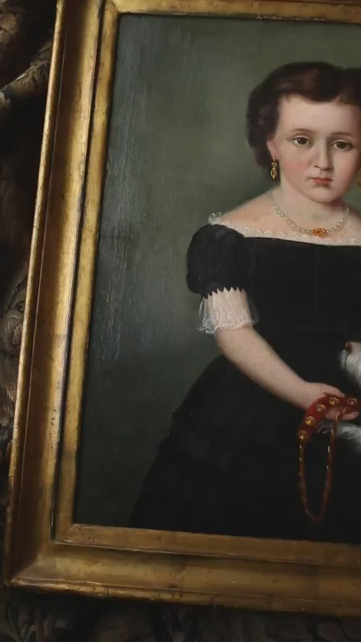 Antique Italian Portrait Painting of a Girl and Dog: Framed 19th Century