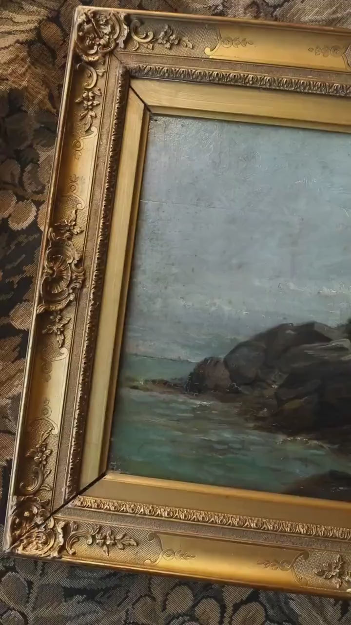 Antique French Coastal Landscape – Rocky Shoreline Oil Painting, 19th Century in Gold Frame