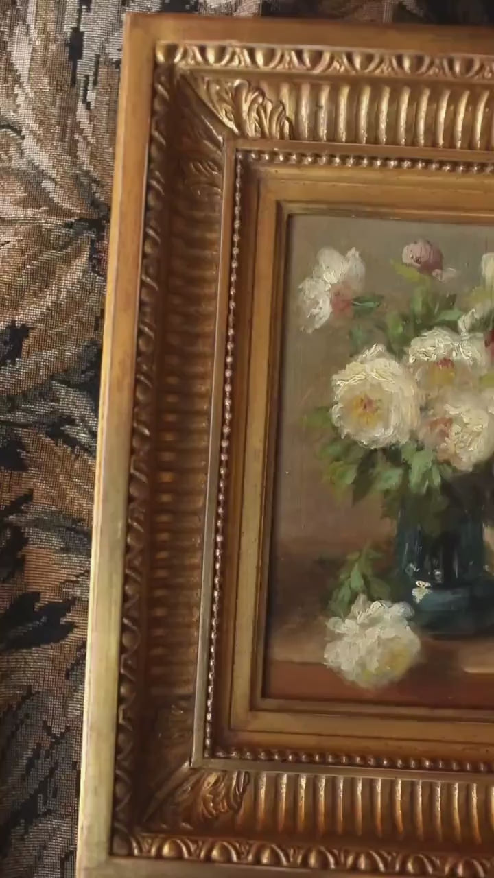 Antique Floral Oil Painting – Roses in Blue Vase in Gilt Frame
