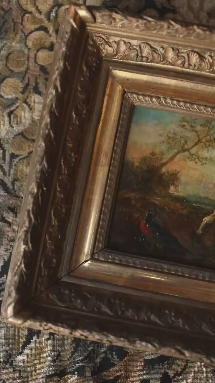 Antique French Hunting Scene – Dog with Game Bird, Oil on Canvas in Gold Frame