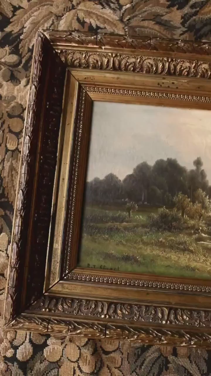 Antique River Landscape Oil Painting – 19th Century European Scene with Boat in Gilt Frame