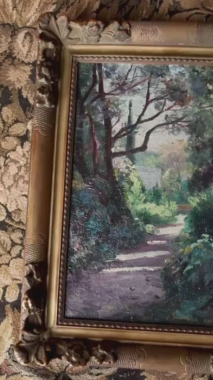 Antique French Impressionist Landscape – Shaded Garden Path in Gold Frame
