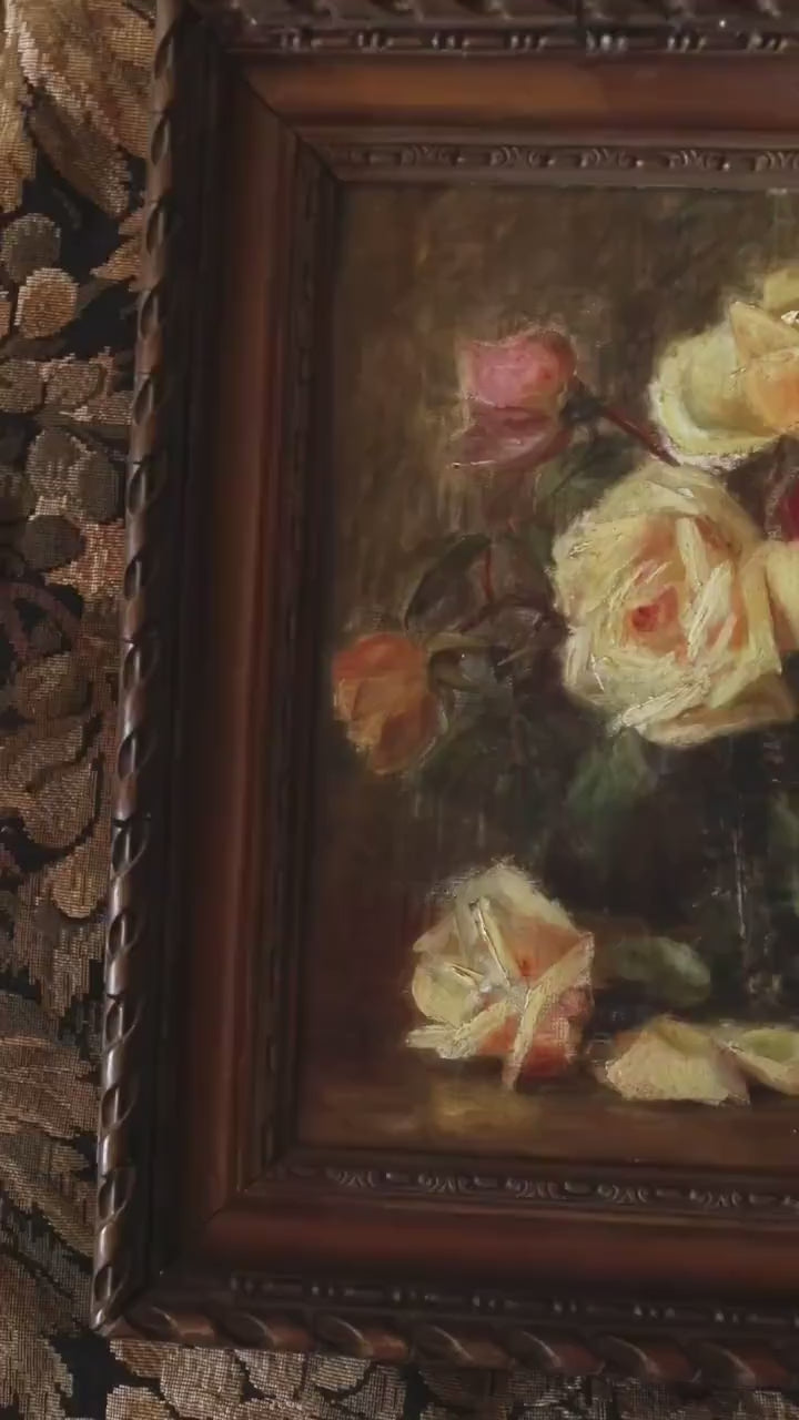Antique Rose Still Life Oil Painting | Pink & Cream Roses in Glass Vase | Romantic Floral Art, Gold Framed