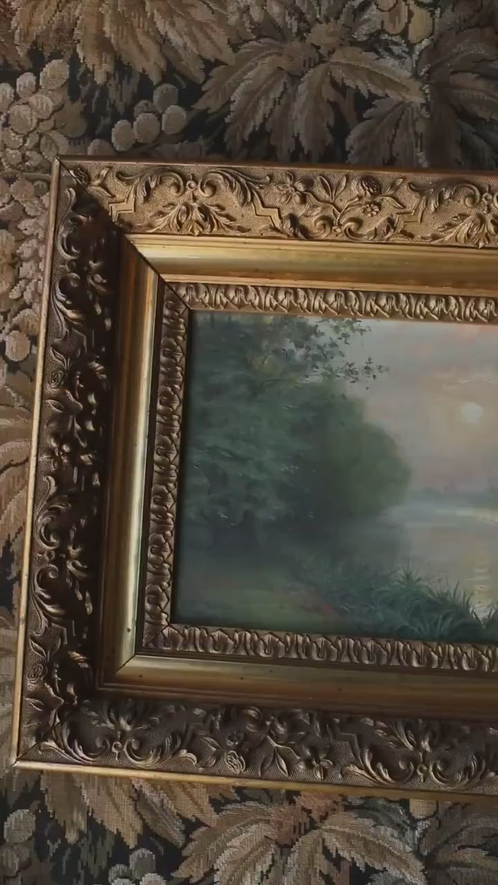 Circa 1880 French Landscape Painting. River at Dusk. Oil on Canvas in Gilt Frame