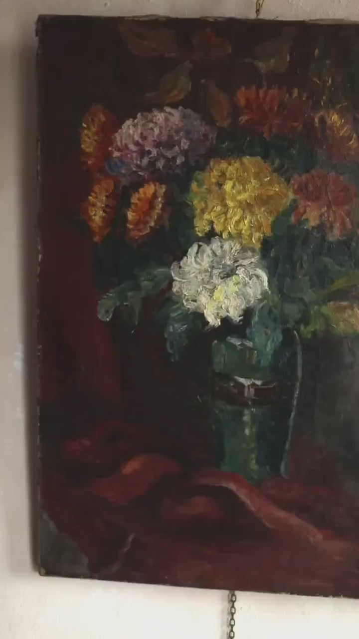 1920s French Impressionist Floral Still Life. Heavy Impasto Oil Painting on Canvas