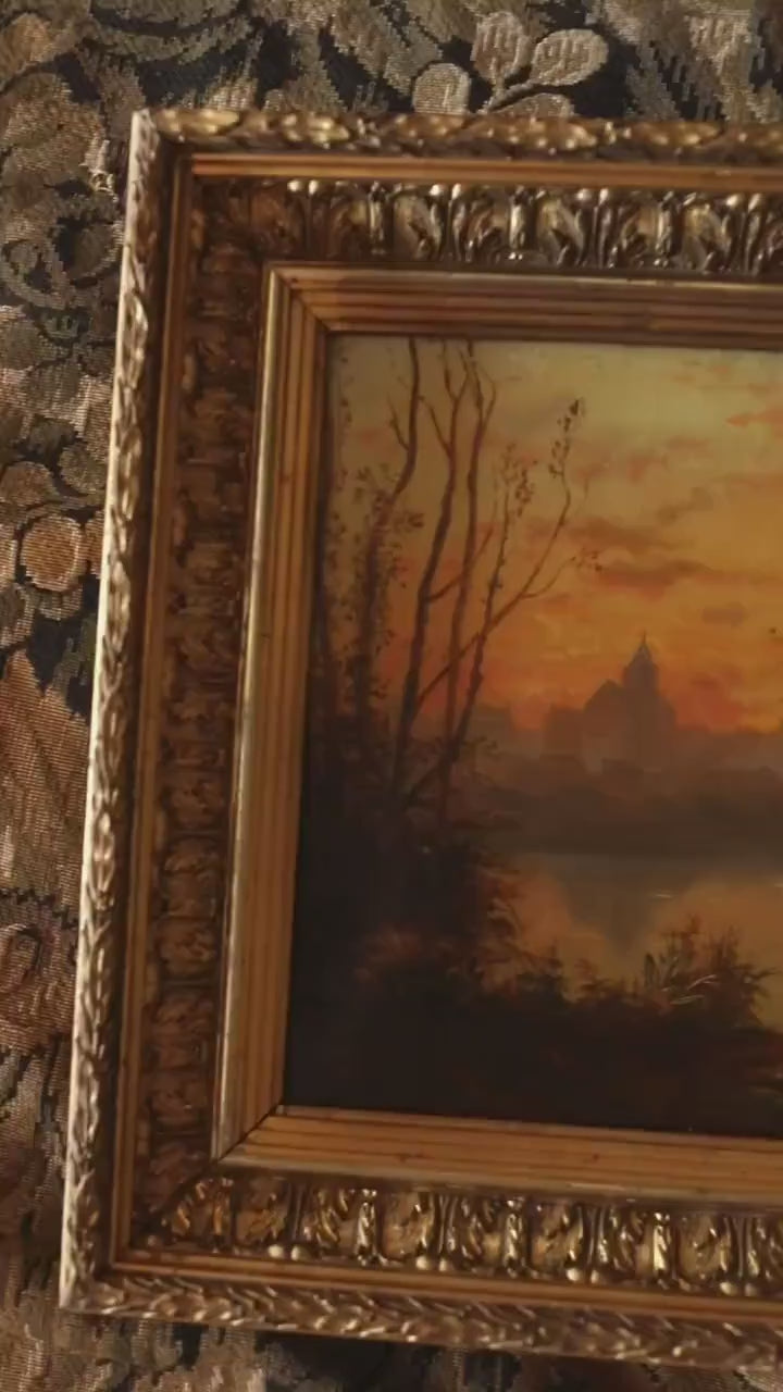 Antique Tonalist Landscape Oil Painting | Sunset and Cows, Gold Frame