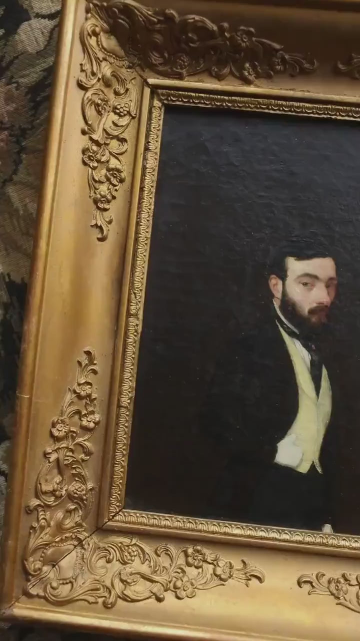 Antique French Gentleman Portrait – 19th Century Oil Painting in Gold Frame