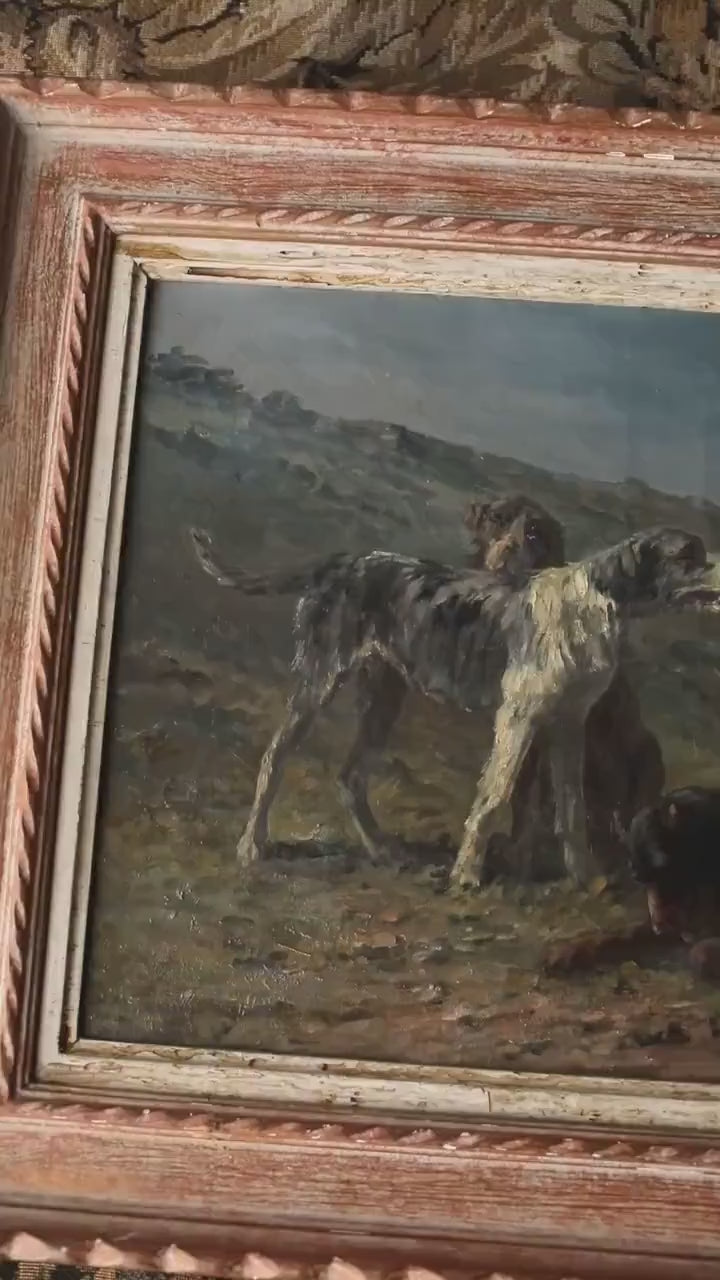Antique French Hunting Dog Oil Painting – Sporting Scene with Pointers, 19th Century