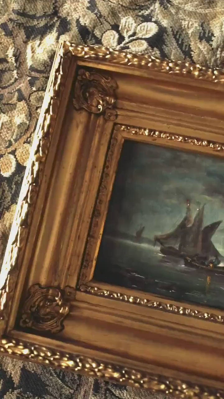 Antique Seascape Oil Painting – 19th Century Coastal, Gold Framed