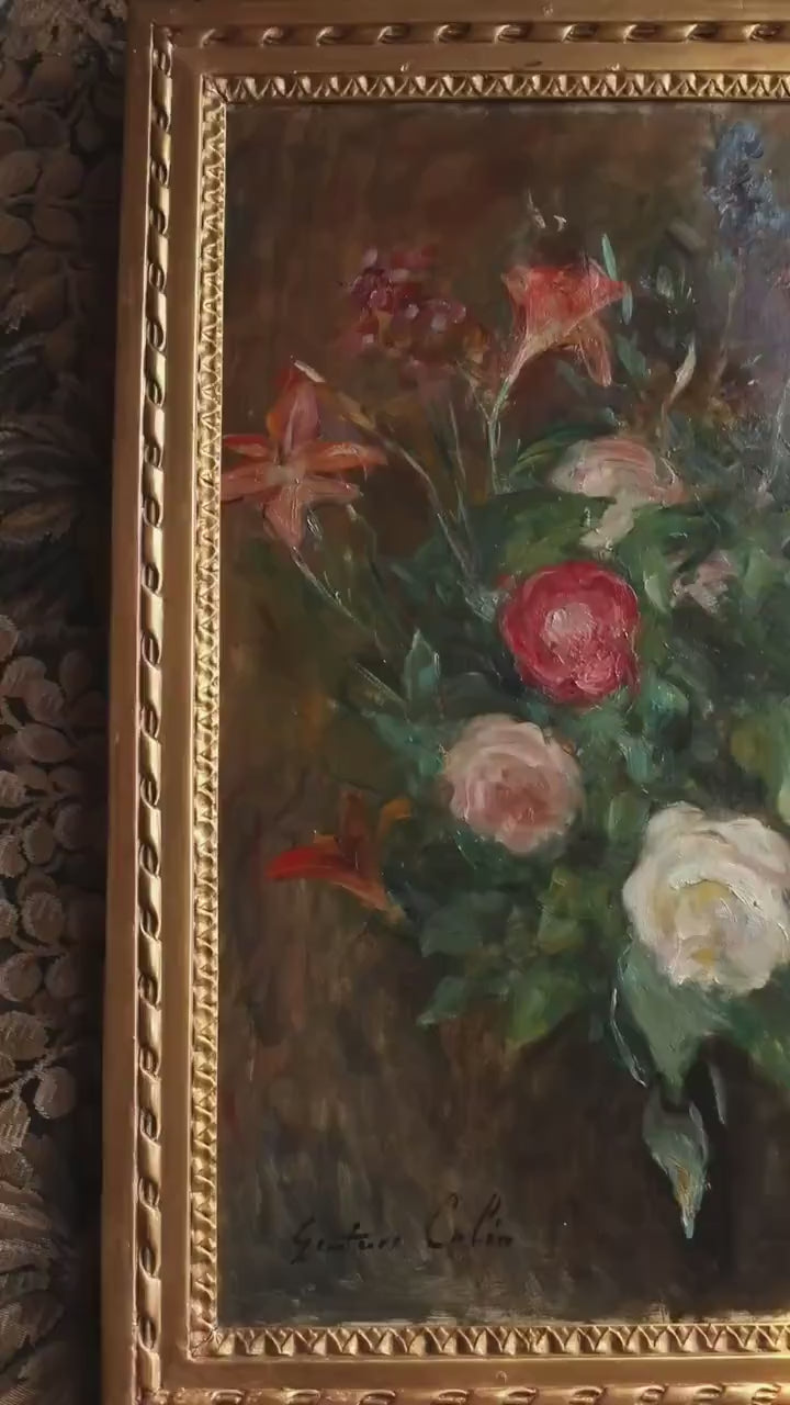 Antique Floral Oil Painting – French Impressionist Still Life in Gold Frame by Gustave-Henri Colin (1828–1910)