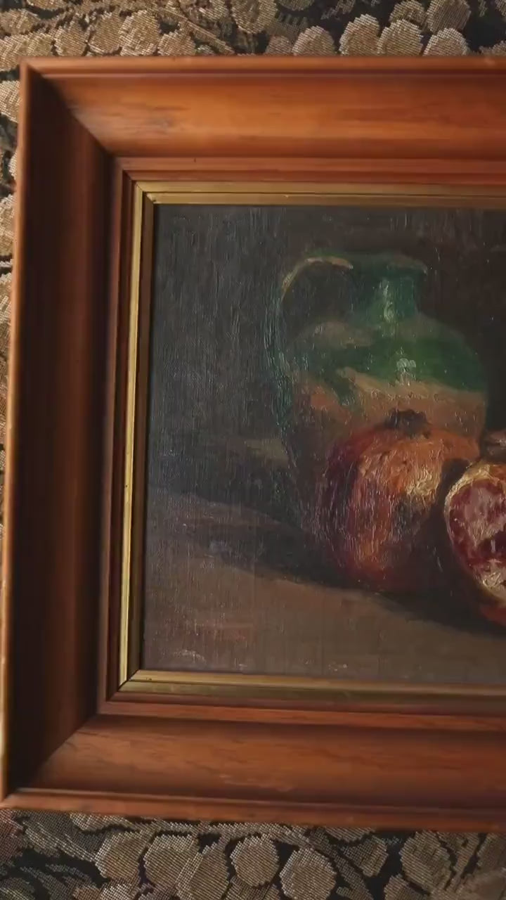 Antique French Still Life Oil Painting – Pomegranates and Jug in Wood Frame